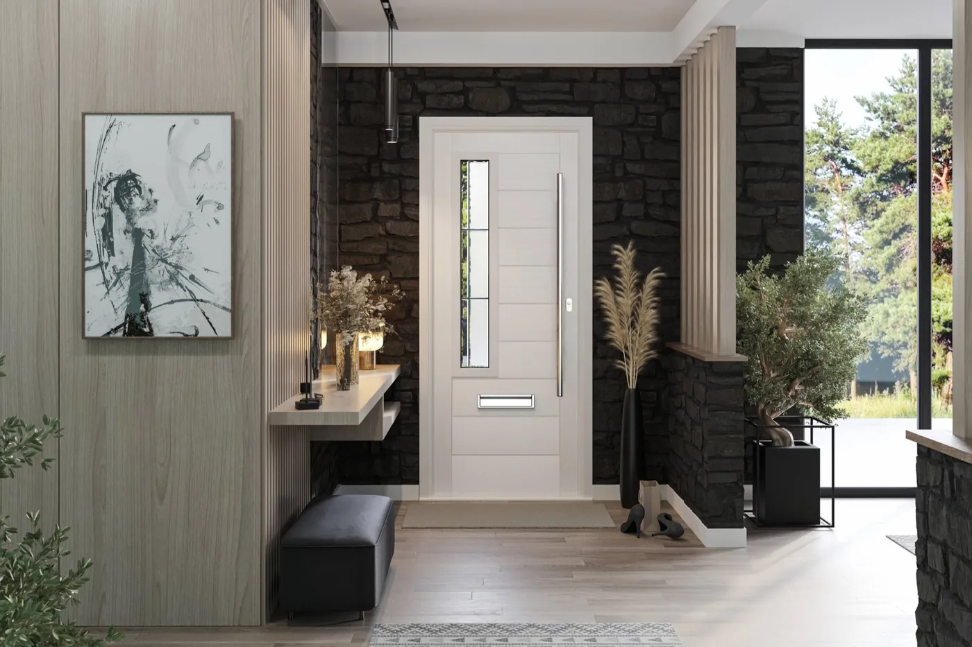 White composite front door installation