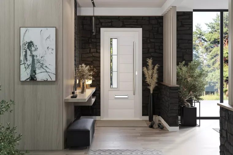White composite front door with glazed side panel