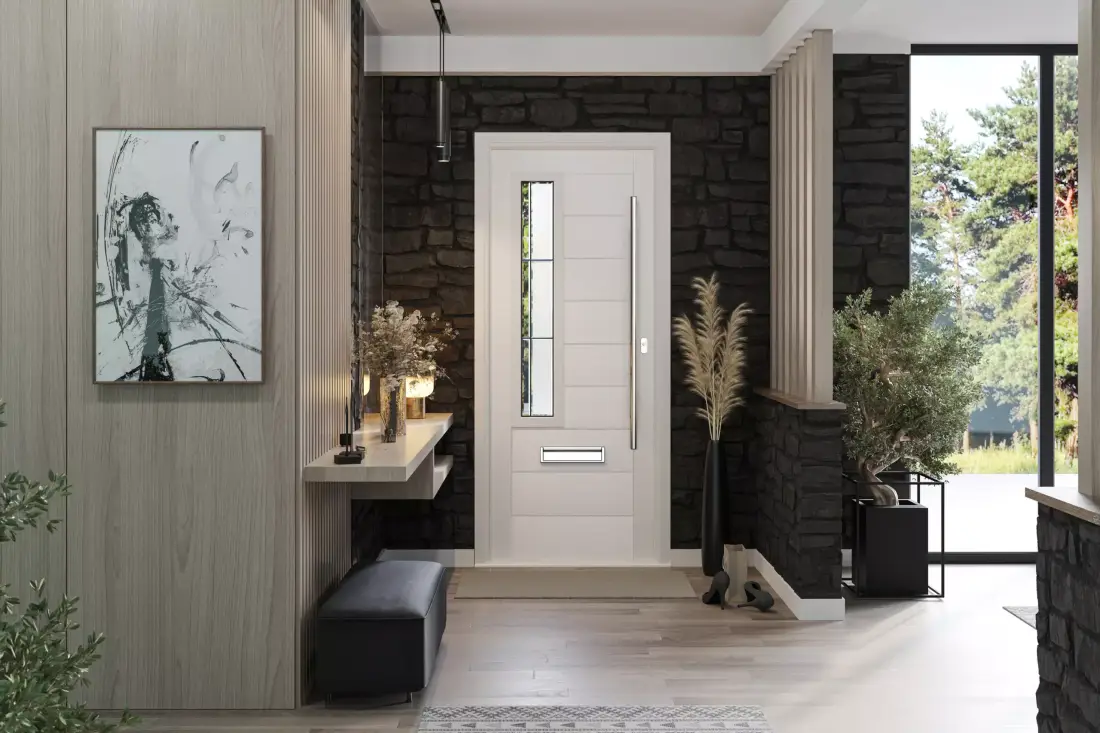 White timber-look front door with vertical bar handle